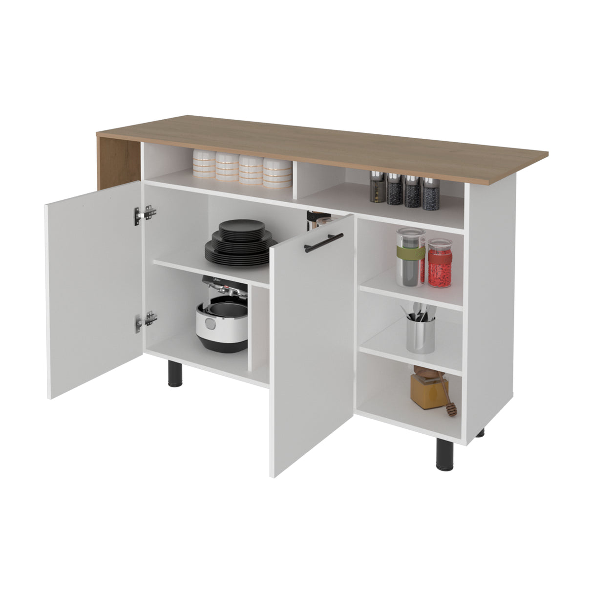 Isla de Cocina Corcega Blanco y Fresno 150x89.5cm con Cinco Compartimientos y con Dos Entrepaños - BARRAS Y MUEBLES AUXILIARES | Bylmo