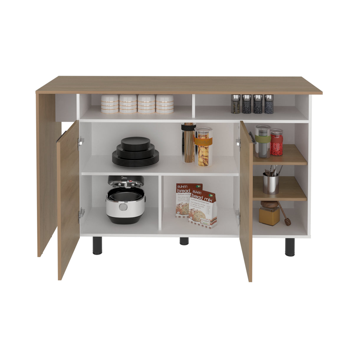 Isla de Cocina Corcega Fresno y Blanco 180x212cm con Cinco Compartimientos y con Dos Entrepaños - BARRAS Y MUEBLES AUXILIARES | Bylmo