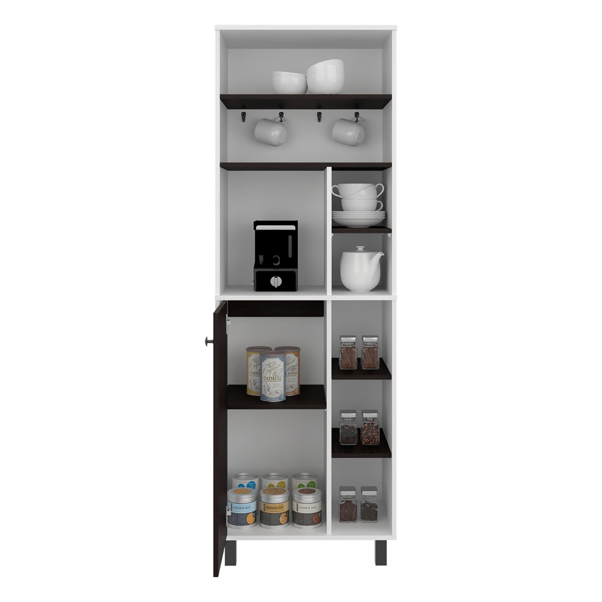 Mueble Auxiliar de Cocina Carajillo Blanco y Nogal 60x180cm con Cinco Compartimientos y con Cinco Entrepaños - BARRAS Y MUEBLES AUXILIARES | Bylmo