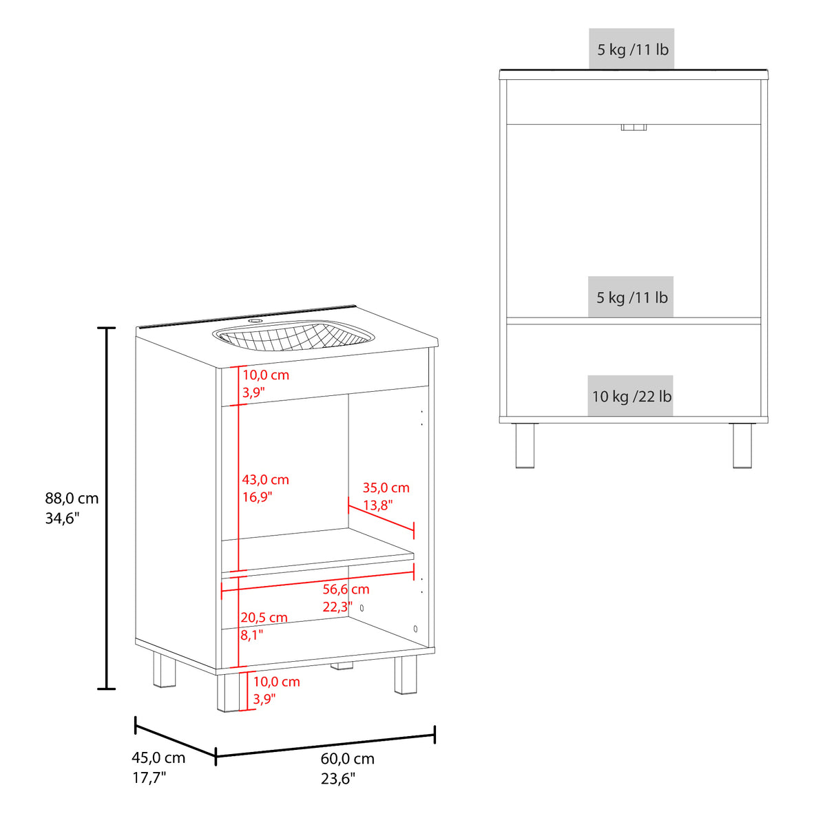 Mueble para Lavamanos Haysi Blanco 59.3x86.5cm Individual con Lavamanos y con Dos Puertas