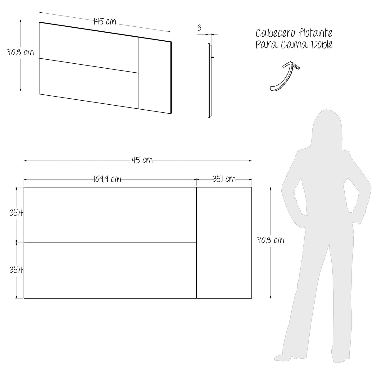 Cabecero Soren Niebla y Blanco 147x70.8cm para Cama Doble