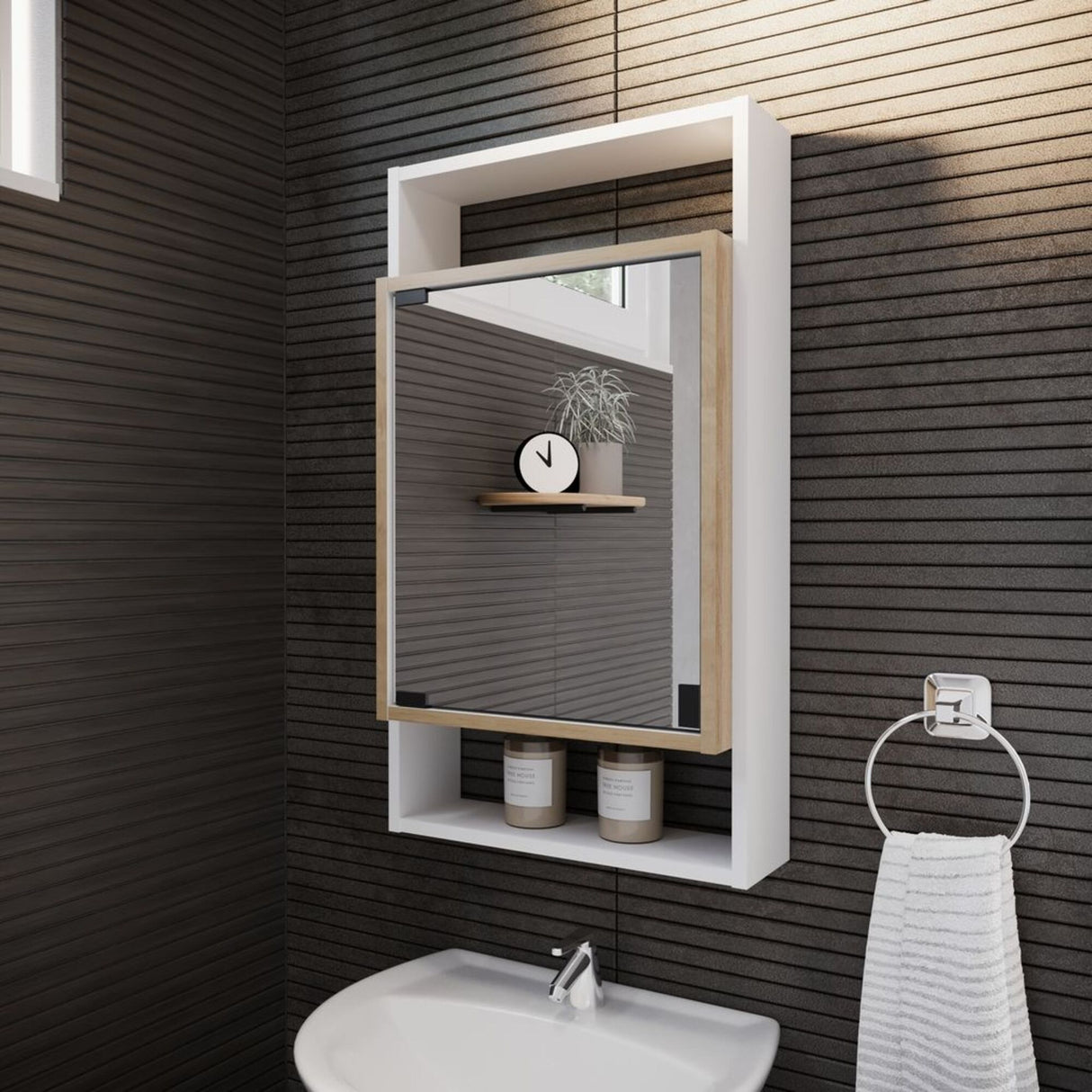Gabinete con Espejo para Baño Galicia Rovere y Blanco 43x75cm Rectangular con Una Puerta y Tres Entrepaños