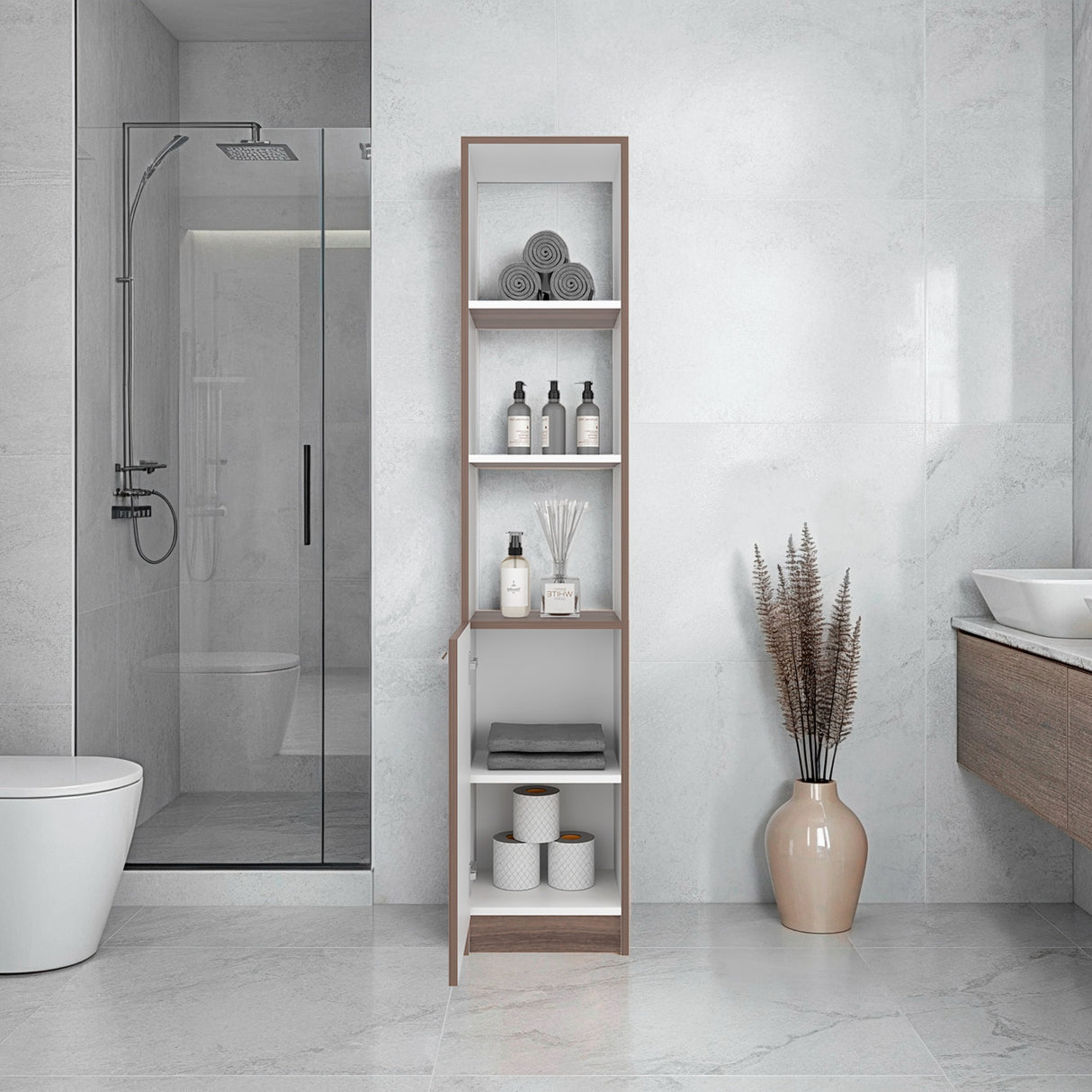Mueble Auxiliar para Baño Bath Avellana y Blanco 33x162.2cm con Cuatro Entrepaños