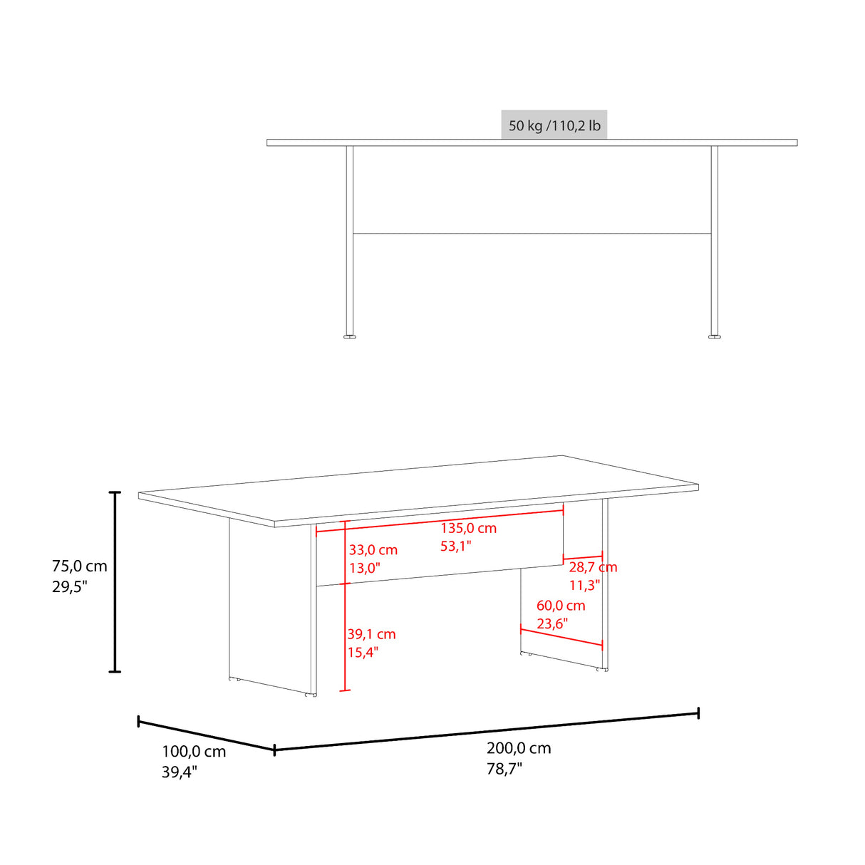 Mesa de Juntas Office M Cartagena y Wengue 200x75cm Rectangular con Patas