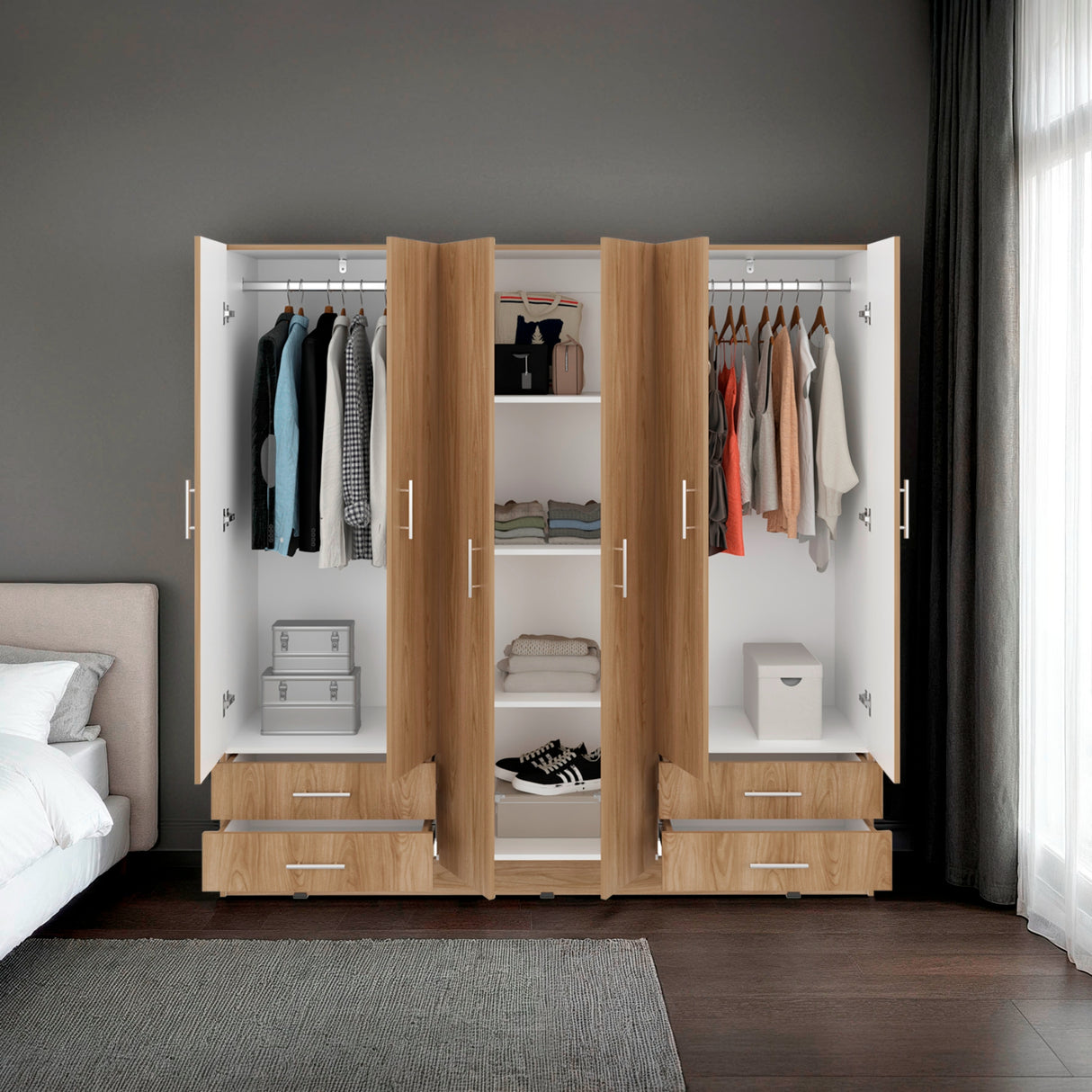 Closet Petunia Fresno Europeo y Blanco 180x180cm con Seis Puertas y con Cuatro Cajones