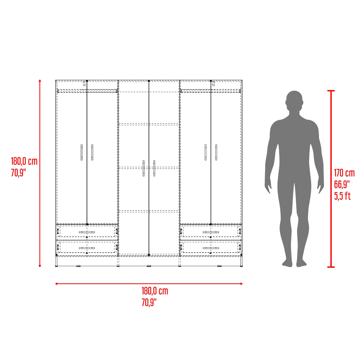 Closet Petunia Fresno Europeo y Blanco 180x180cm con Seis Puertas y con Cuatro Cajones