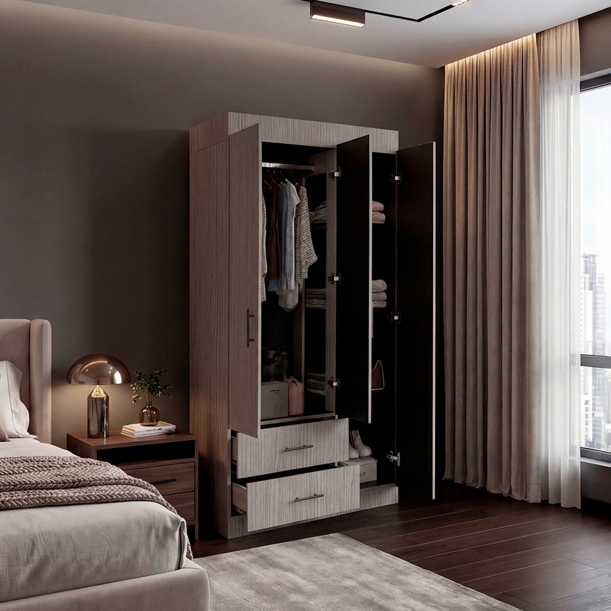 Closet Houston Positano y Wengue 90x180cm con Tres Puertas y con Dos Cajones