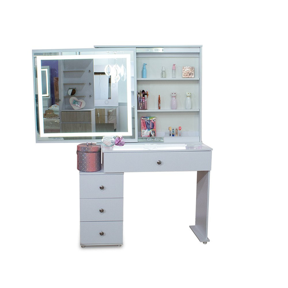 Tocador Jazmín Blanco 32x169cm de Un Puesto con Cuatro Cajones con Espejo y con Iluminación