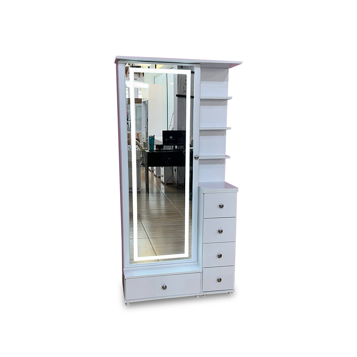 Tocador Vanity Blanco 32x180cm de Un Puesto con Seis Cajones con Espejo y con Iluminación