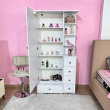 Tocador Vanity Blanco 32x180cm de Un Puesto con Seis Cajones con Espejo y con Iluminación