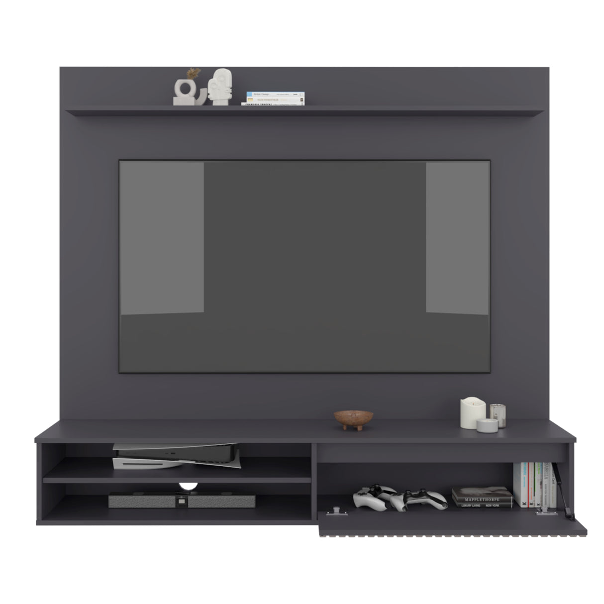 Panel de TV Bowie Plomo 162x143cm Flotante Para TV Hasta 65 Pulgadas con Dos Compartimientos y con Ranura para Cables