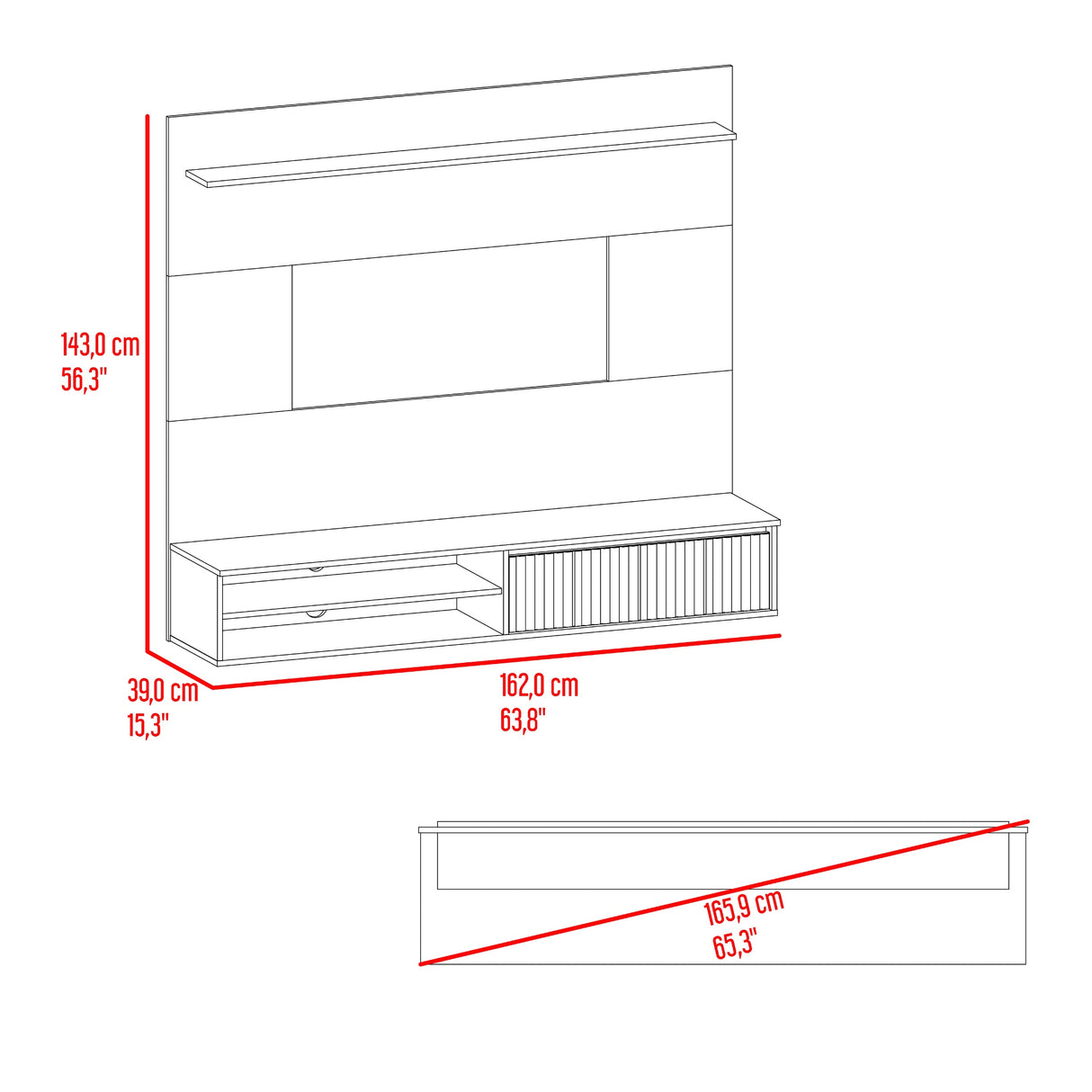 Panel de TV Bowie Plomo 162x143cm Flotante Para TV Hasta 65 Pulgadas con Dos Compartimientos y con Ranura para Cables