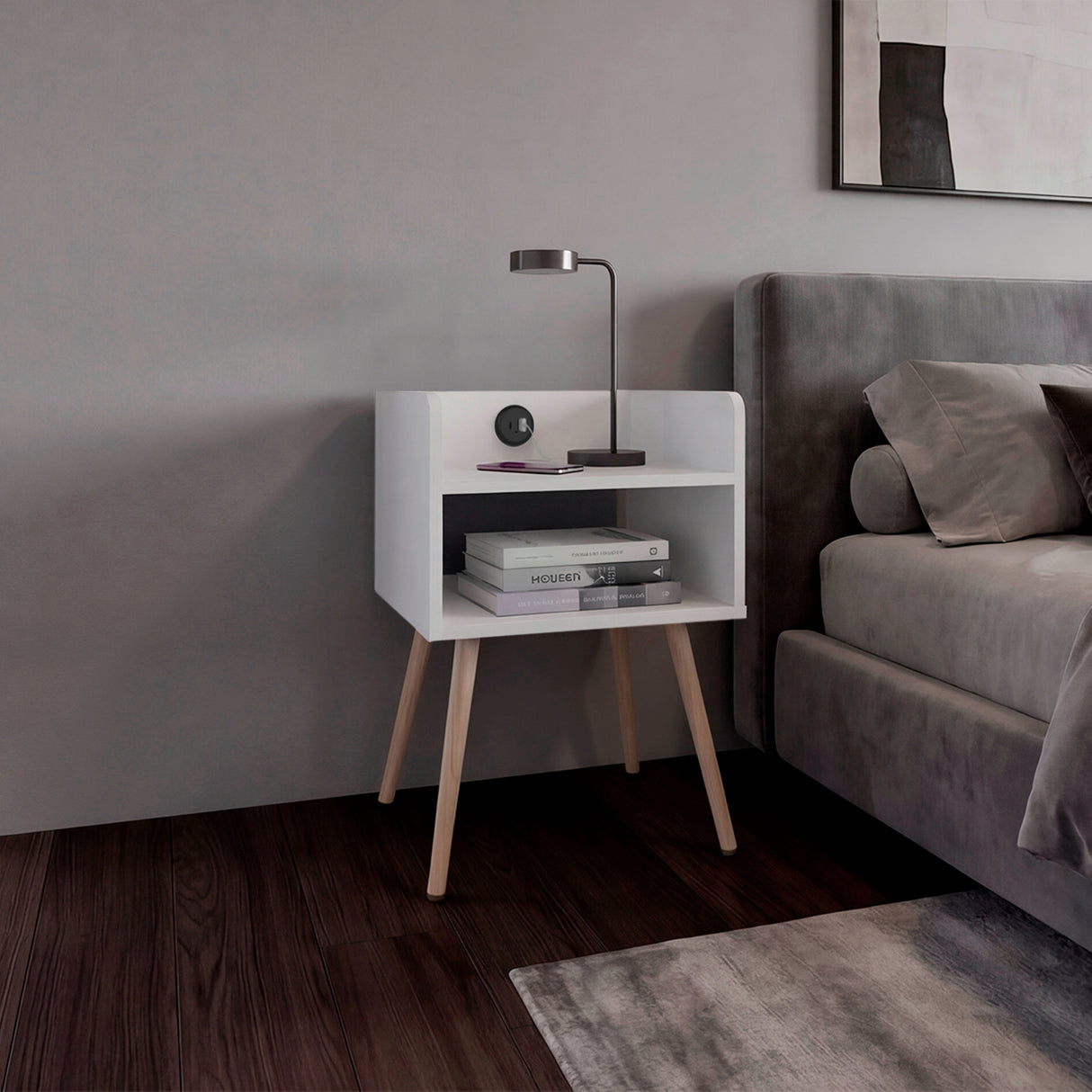 Mesa de Noche Didi Blanco 40x58cm con Un Compartimiento y con Conector de Carga USB