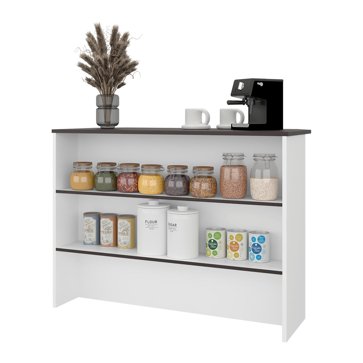 Isla de Cocina Fendi Blanco y Wengue 120x90cm con Dos Compartimientos y Dos Entrepaños