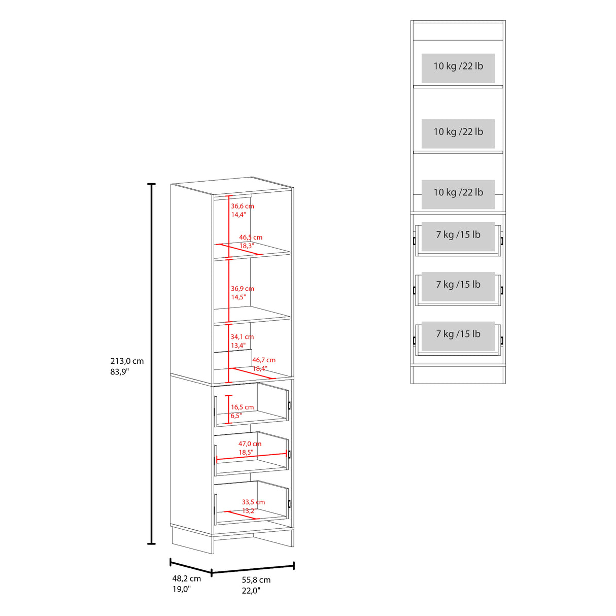 Closet Independiente Blanco 55.8x213.4cm con Tres Cajones y Tres Compartimientos