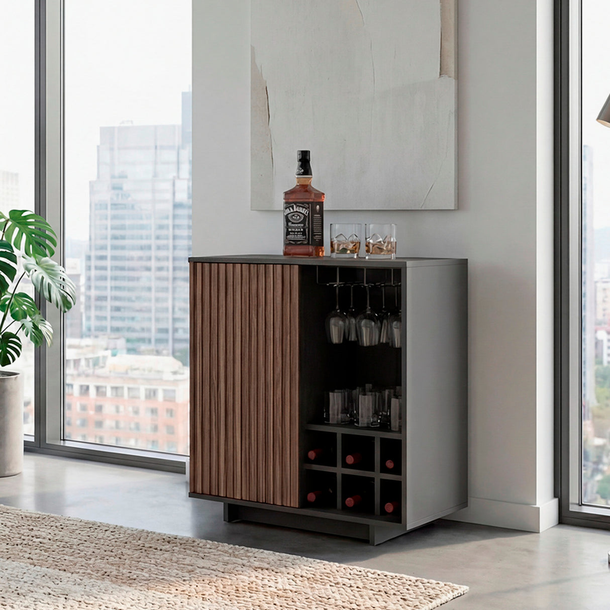 Bar Bowie Plomo 70x78.6cm con Siete Compartimientos y con Seis Portabotellas