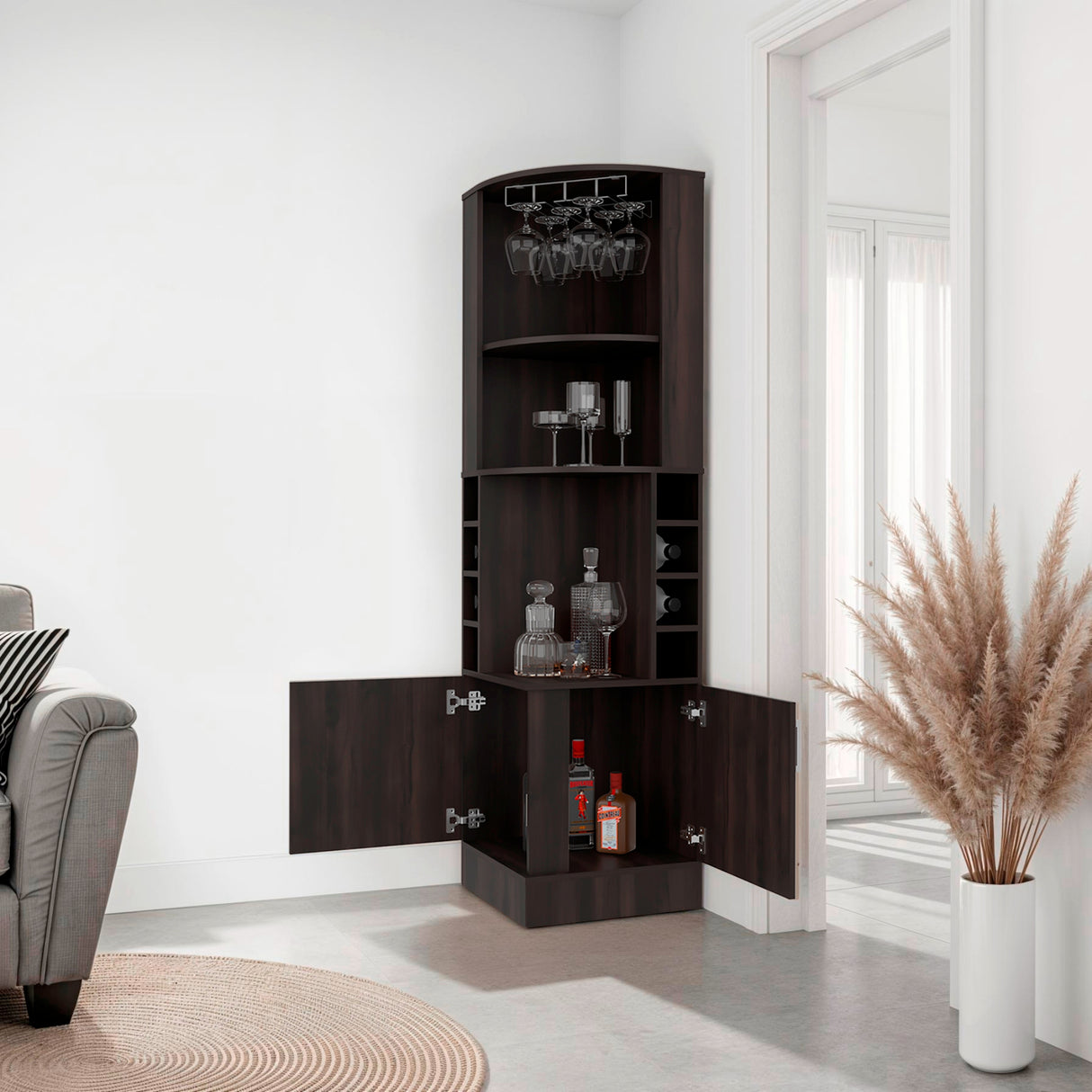 Bar Beijing Nogal 46.9x180.6cm con Tres Compartimientos y con Ocho Portabotellas