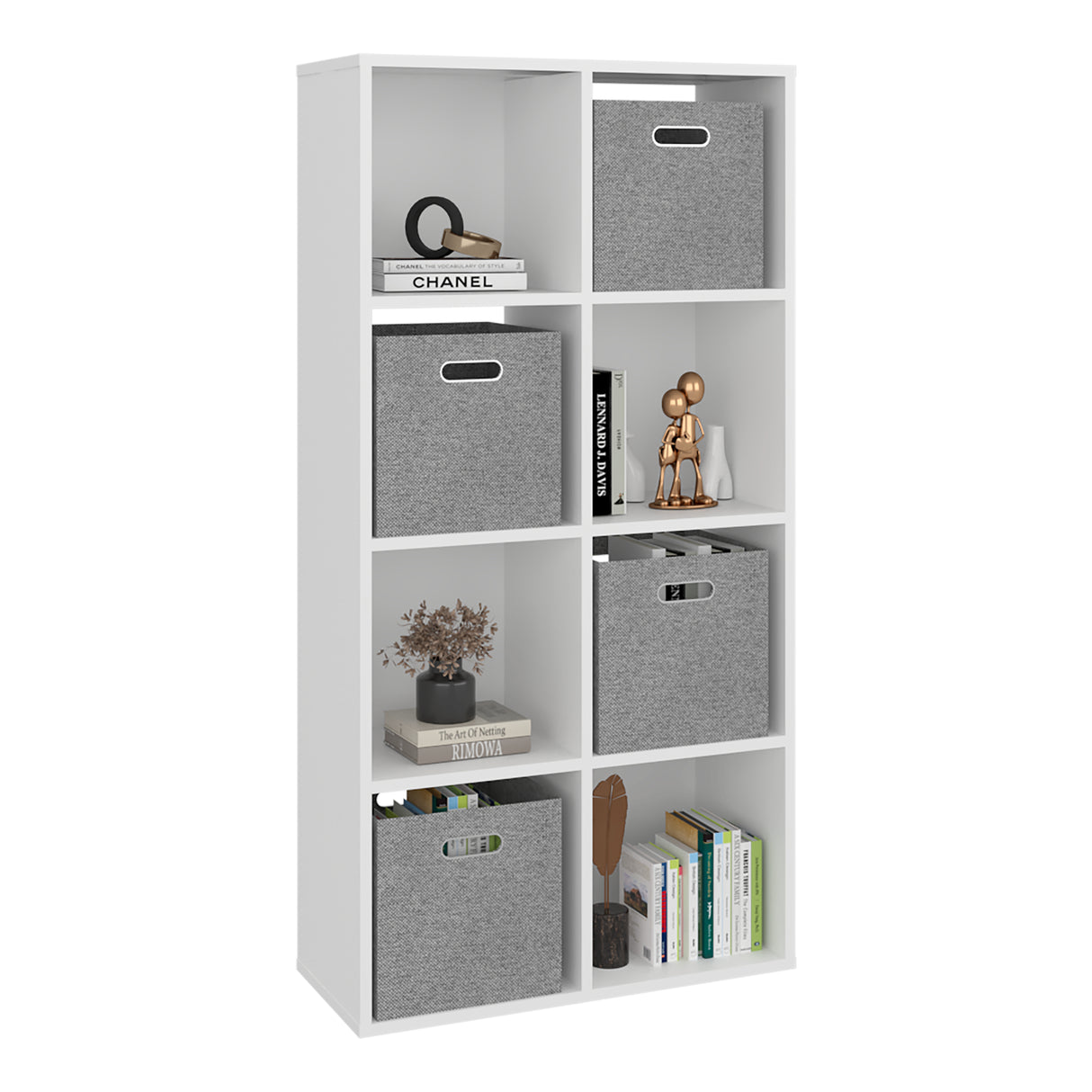Biblioteca Lena Blanco 61.7x122.1cm Rectangular con Ocho Compartimientos y con Cuatro Cajas de Tela