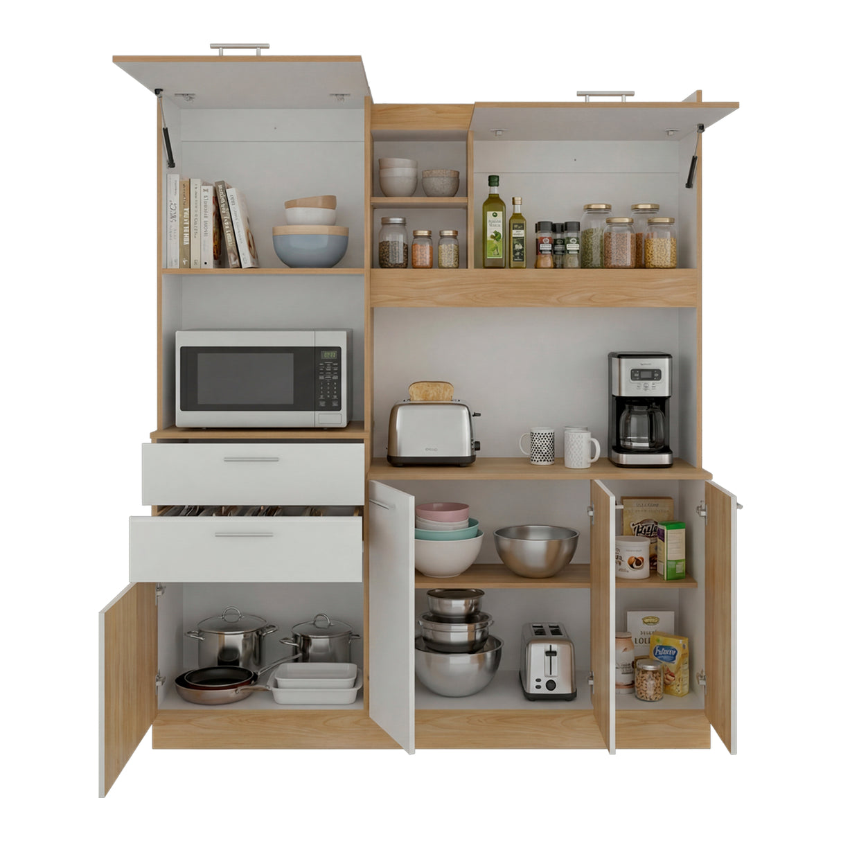 Alacena Cinnamon Fresno Europeo y Blanco 160x190cm con Seis Puertas y con Dos Cajones