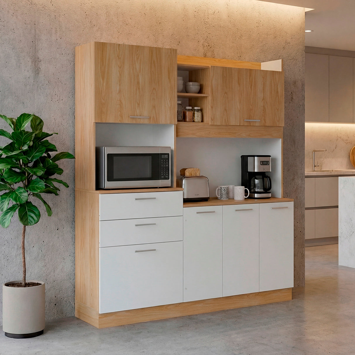Alacena Cinnamon Fresno Europeo y Blanco 160x190cm con Seis Puertas y con Dos Cajones