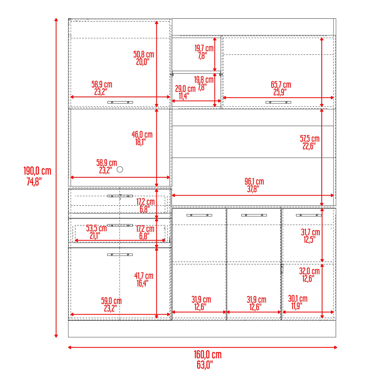 Alacena Cinnamon Fresno Europeo y Blanco 160x190cm con Seis Puertas y con Dos Cajones