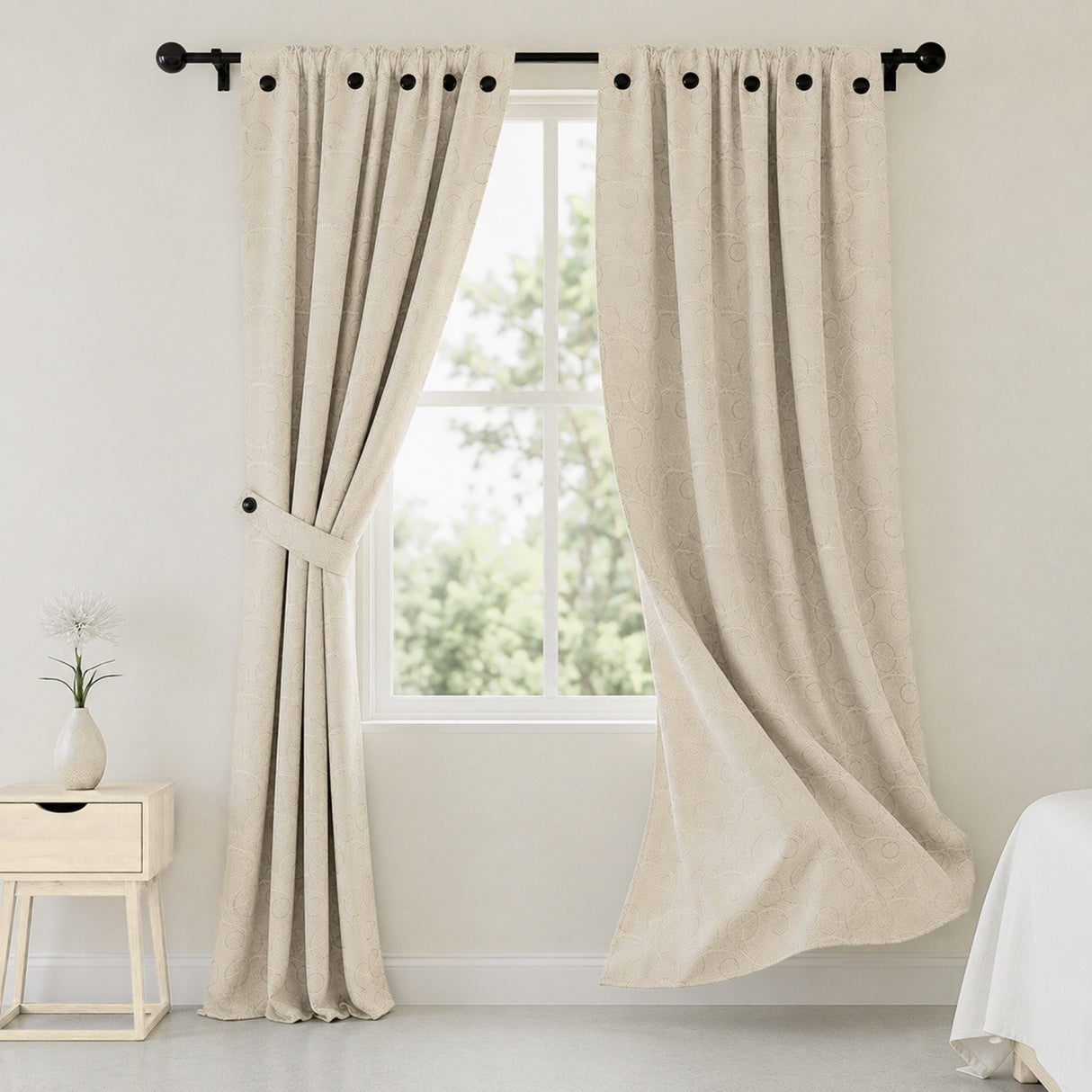 Cortina Jacquard Tradicional Beige 270x215cm Doble Faz de Simbolos Geometricos