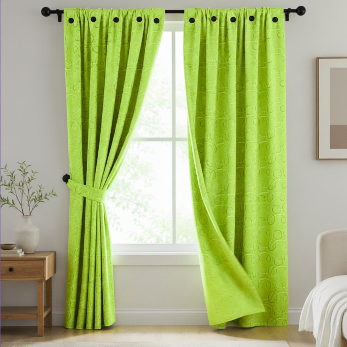 Cortina Jacquard Tradicional Verde Limón 270x215cm Doble Faz de Simbolos Geometricos