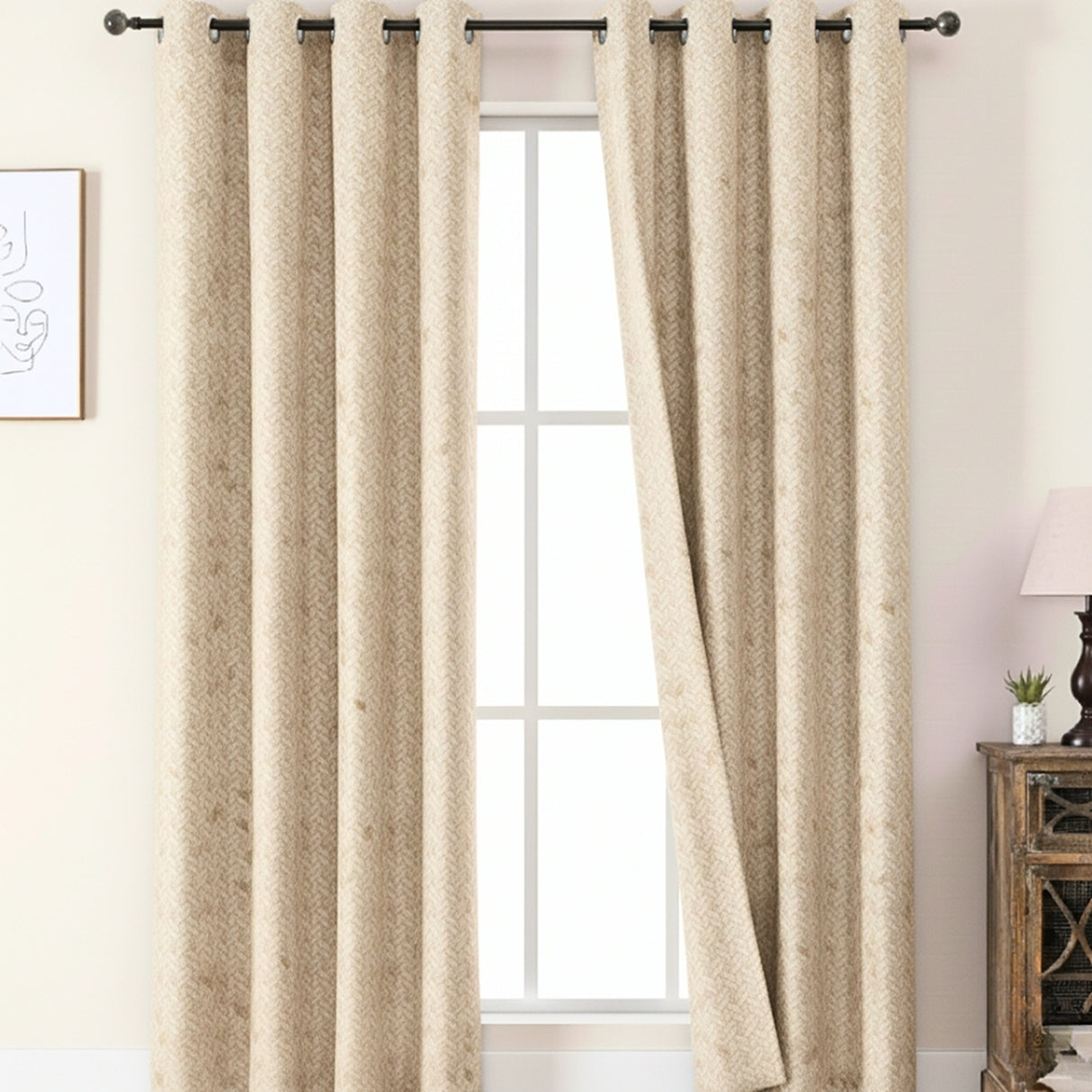 Cortina Jacquard Tradicional Premium Beige Claro 270x200cm Acústica de Figuras Geometricas