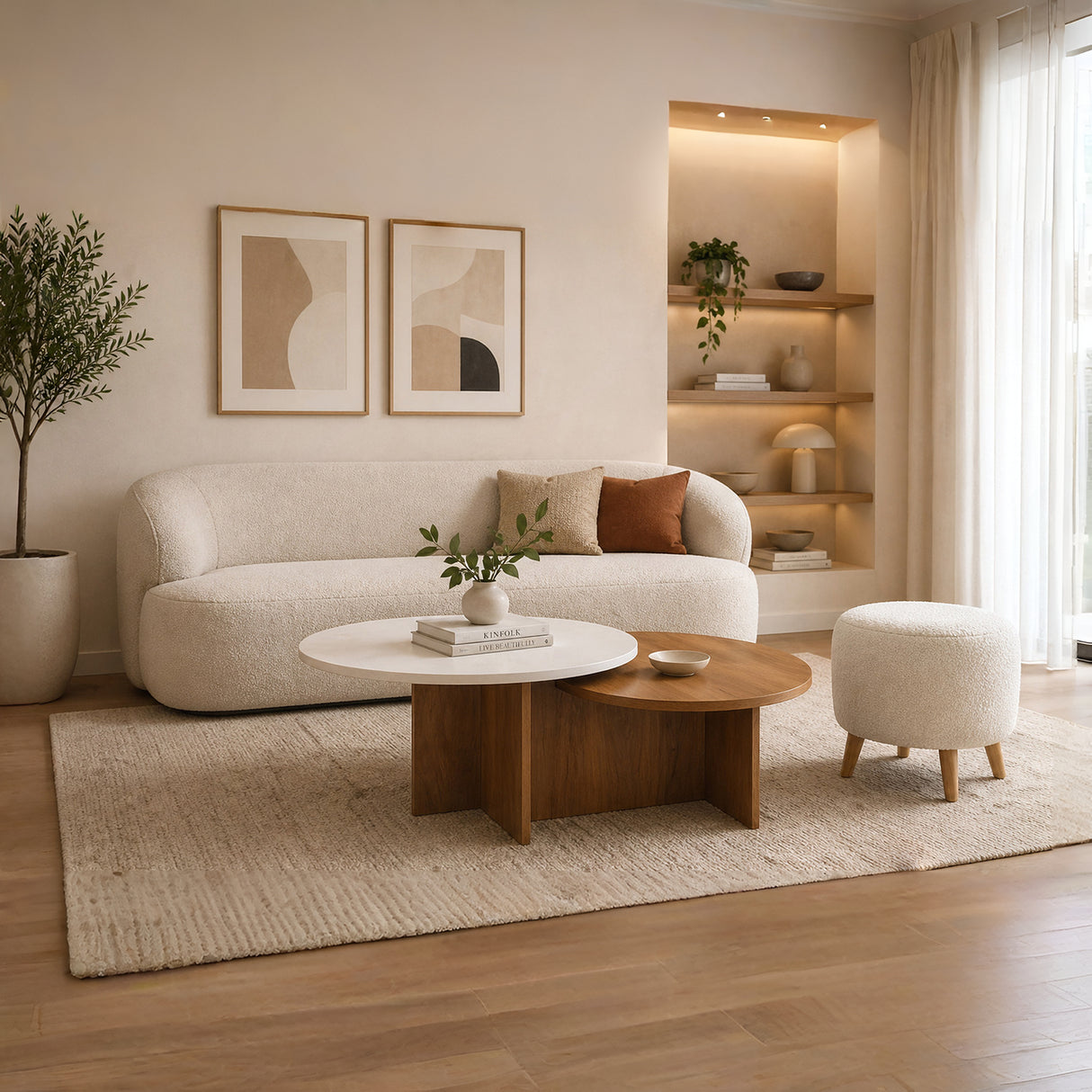 Sala Boom Ovejo Almendra y Blanco 170x72cm con Un Sofá Un Puff y Una Mesa de Centro