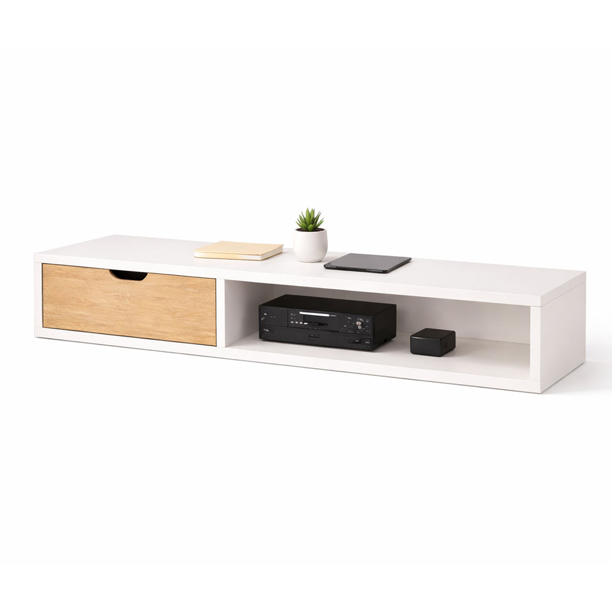 Repisa para TV Tolouse Blanco y Madera Clara 120x30cm Flotante para TV Hasta 55" Pulgadas con Dos Compartimientos
