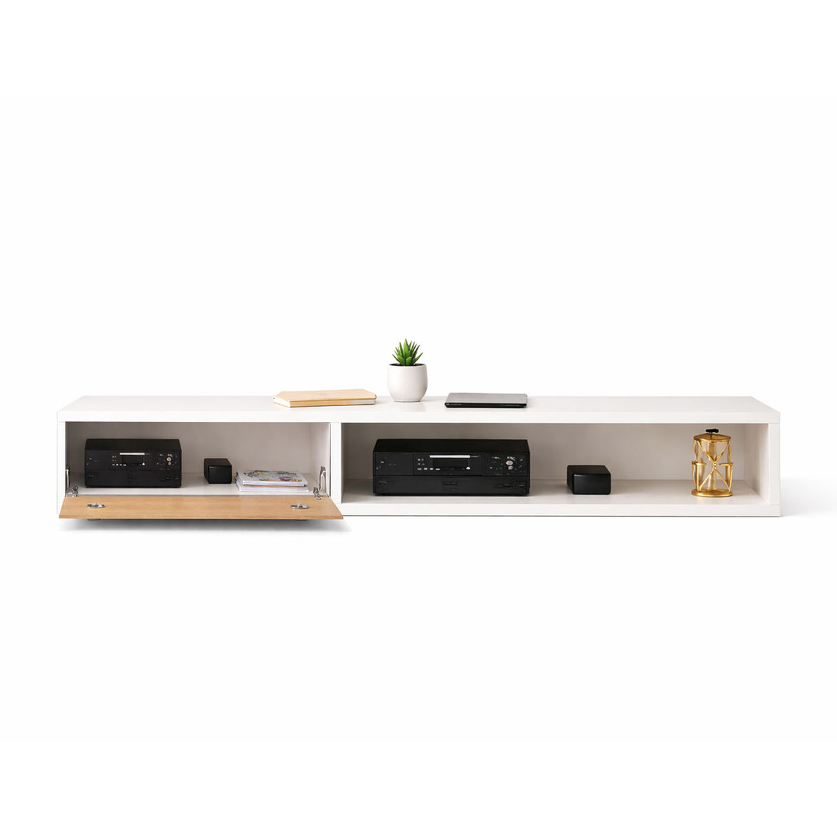 Repisa para TV Tolouse Blanco y Madera Clara 120x30cm Flotante para TV Hasta 55" Pulgadas con Dos Compartimientos