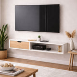 Repisa para TV Tolouse Blanco y Madera Clara 120x30cm Flotante para TV Hasta 55" Pulgadas con Dos Compartimientos