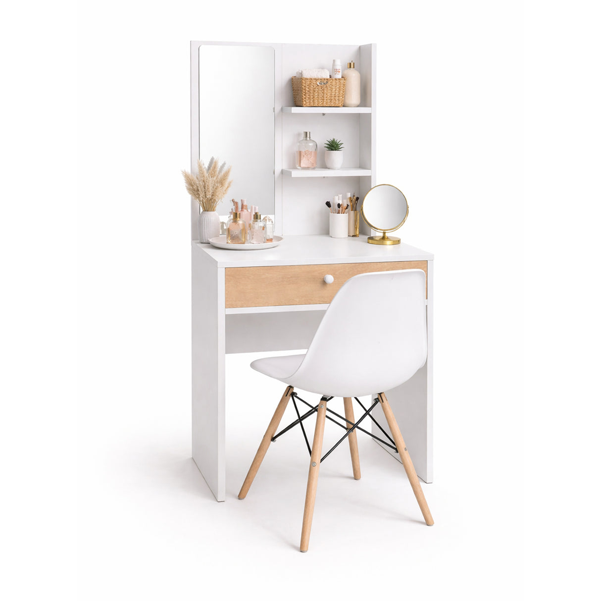 Combo Tocador Touluse Blanco y Madera Clara 140x40cm con Espejo y con Una Silla Blanca