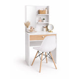 Combo Tocador Touluse Blanco y Madera Clara 140x40cm con Espejo y con Una Silla Blanca