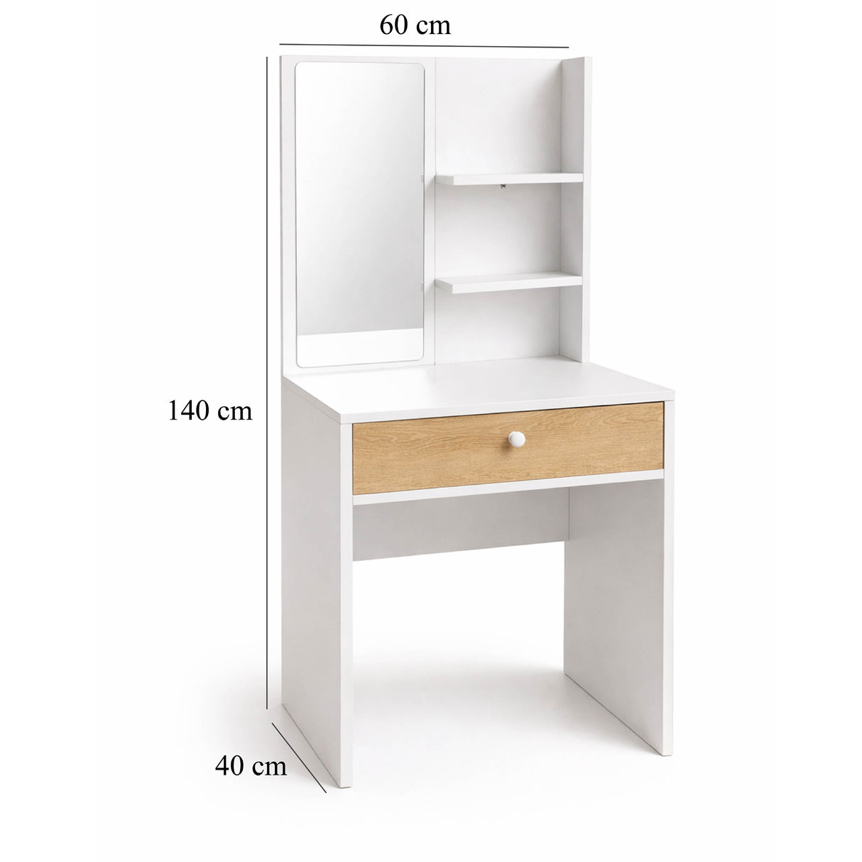 Combo Tocador Touluse Blanco y Madera Clara 140x40cm con Espejo y con Una Silla Blanca