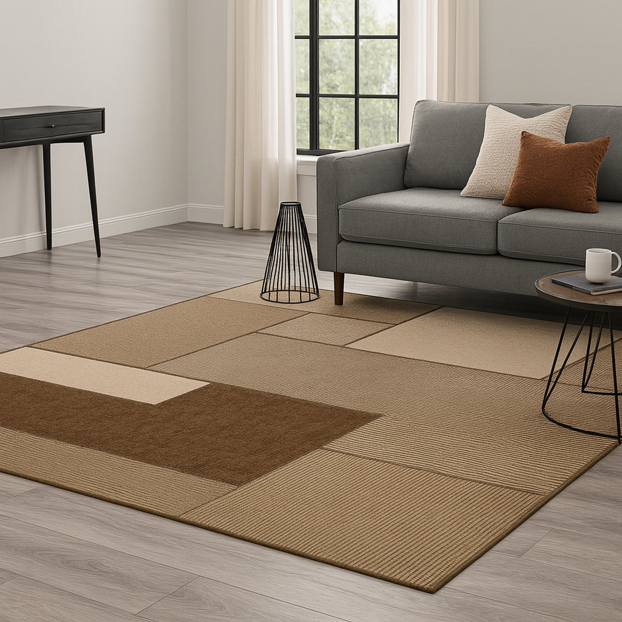Alfombra Dover Café Oscuro y Cafe Claro 150x100cm Rectangular Suave para Sala De Estar de Cuadros Y Rectangulos
