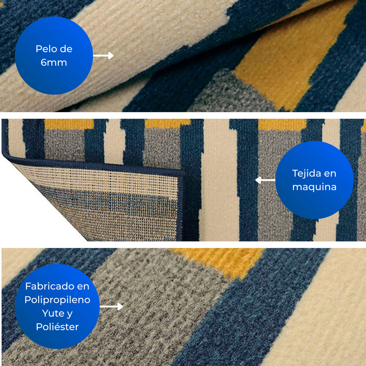 Alfombra Oregon Amarillo y Azul 200x150cm Rectangular Suave para Dormitorio de Lineas