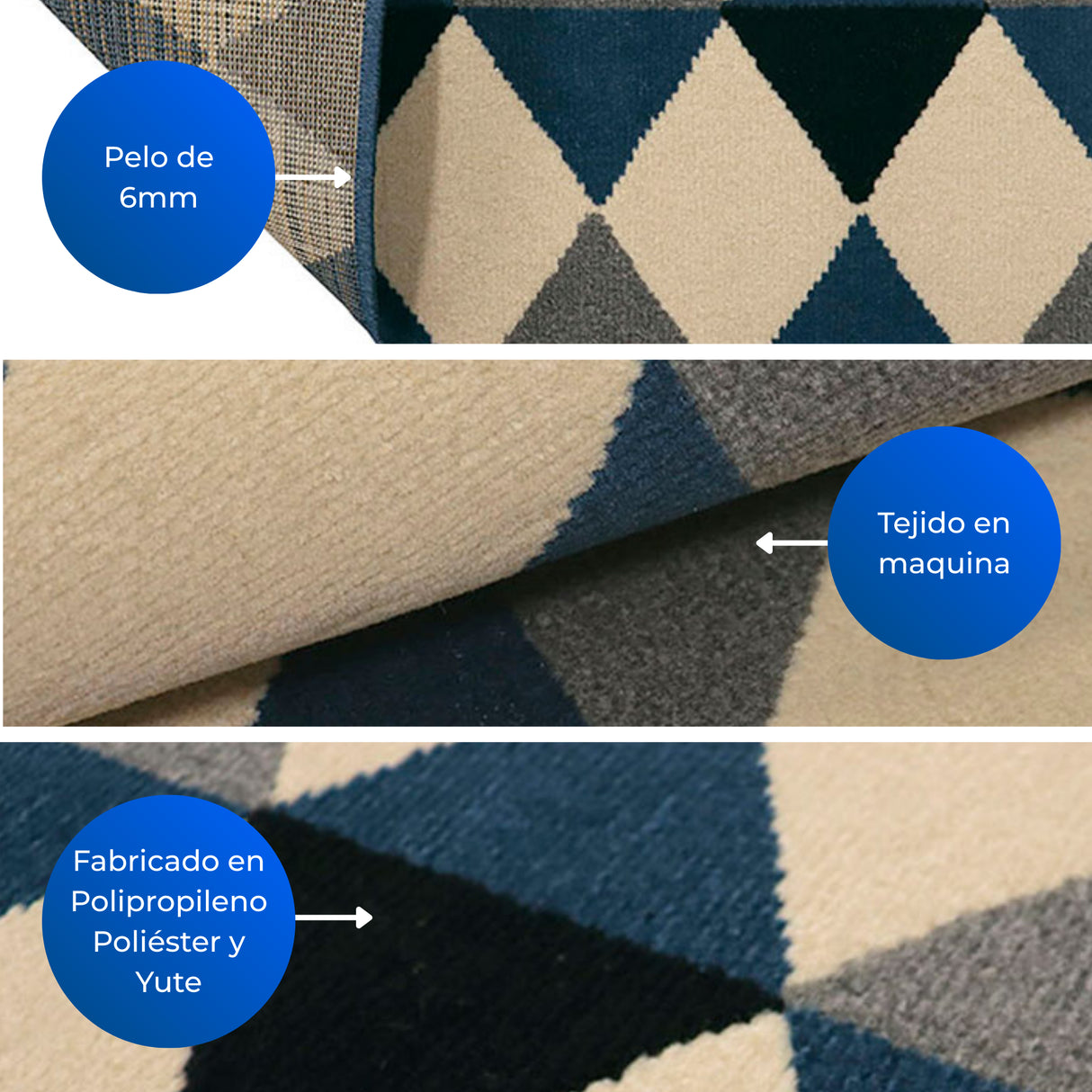 Alfombra Oregon Azul y Negro 150x100cm Rectangular Suave para Banho de Rombos