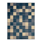 Alfombra Florida Azul Oscuro y Beige 200x150cm Rectangular Suave para Sala De Estar de Cuadros Y Rectangulos