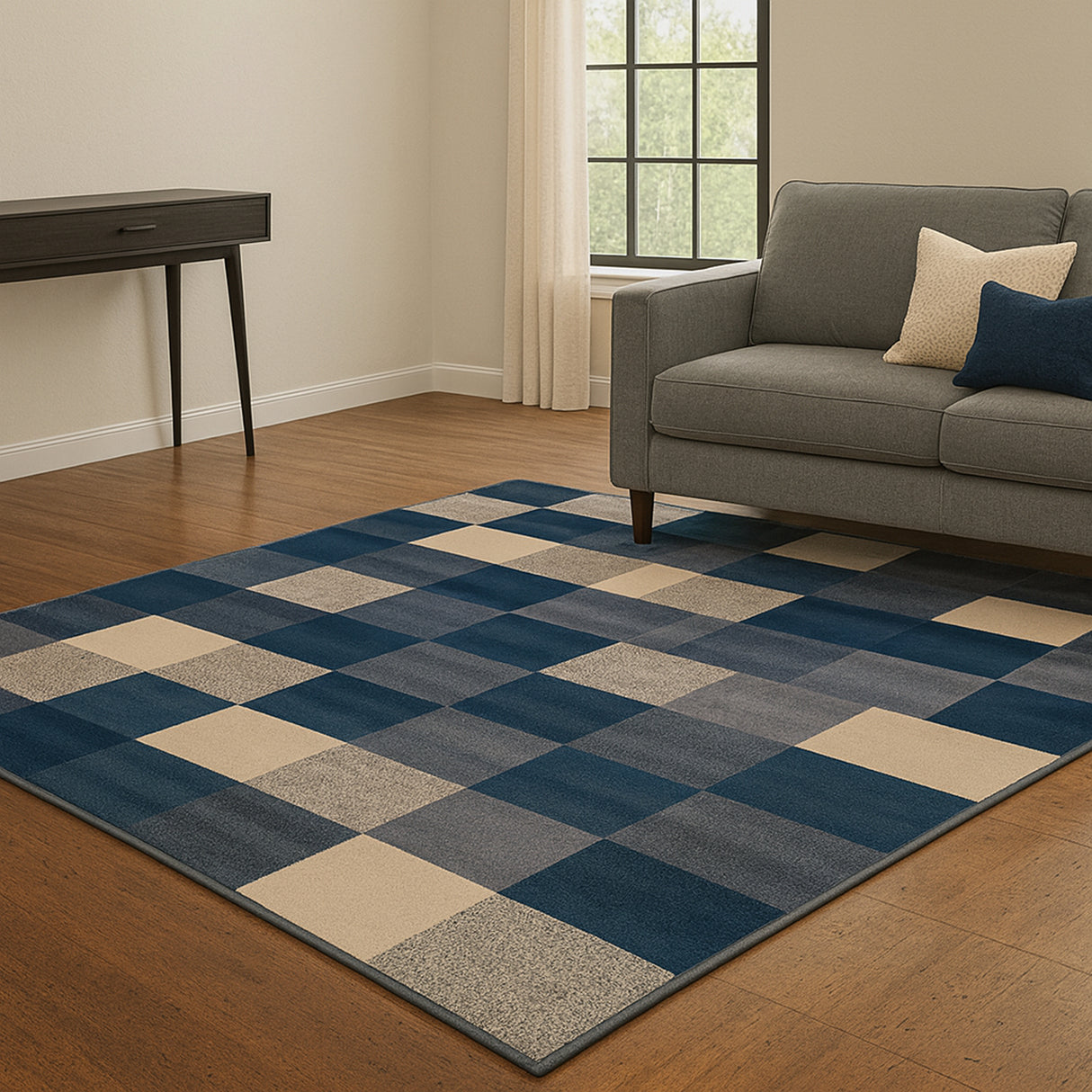 Alfombra Florida Azul Oscuro y Beige 200x150cm Rectangular Suave para Sala De Estar de Cuadros Y Rectangulos