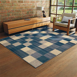 Alfombra Florida Azul Oscuro y Beige 200x150cm Rectangular Suave para Sala De Estar de Cuadros Y Rectangulos