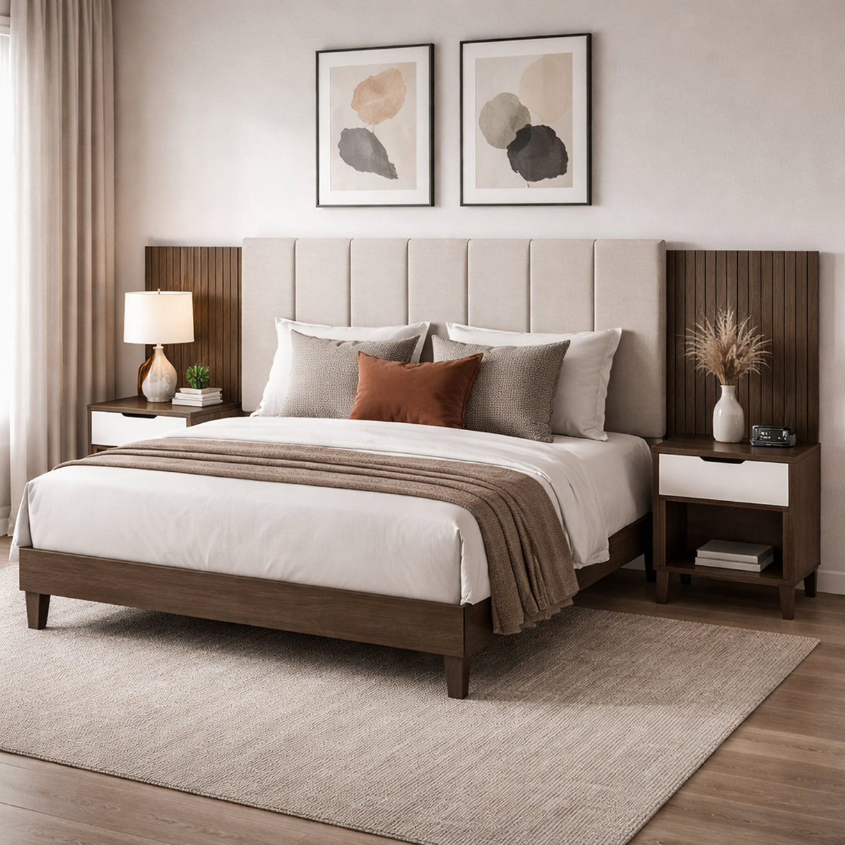 Cabecero Ajustable Elena Café y Blanco 257x130cm Para Cama Doble