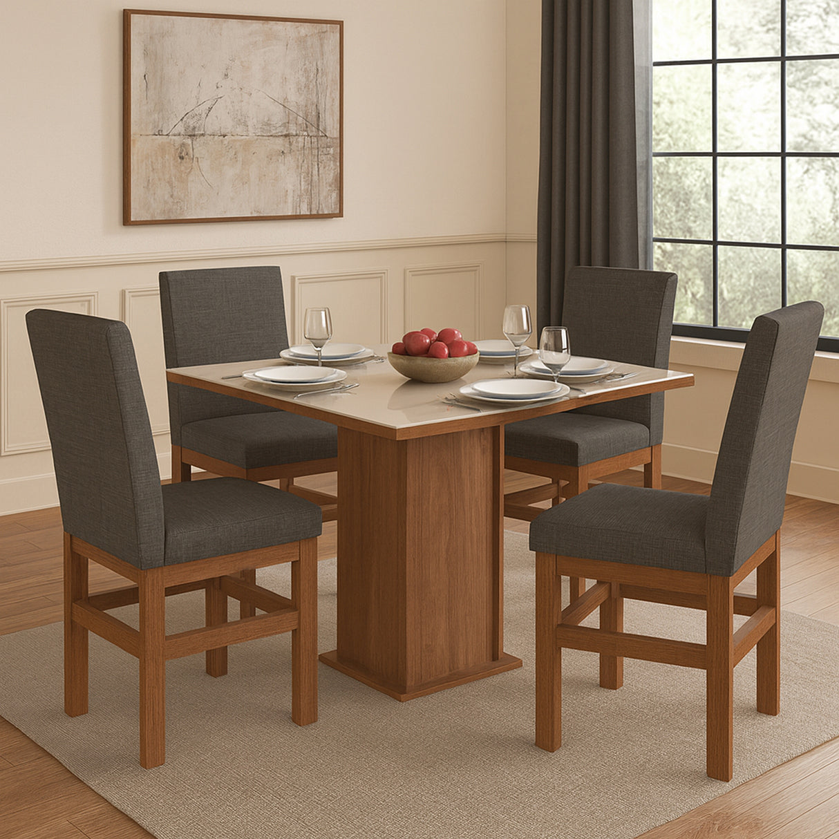 Comedor Fabre Almendra 90x78cm Cuadrado de Cuatro Puestos con Cuatro Sillas