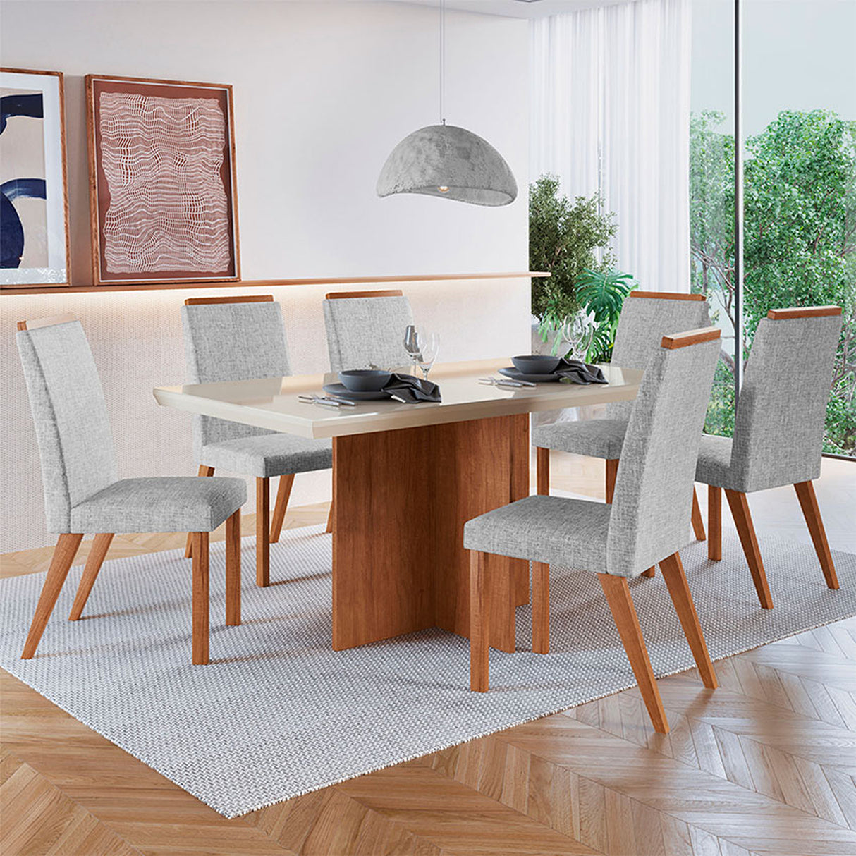 Comedor Aurora Café y Gris 160x78cm Cuadrado de de Seis Puestos con Seis Sillas