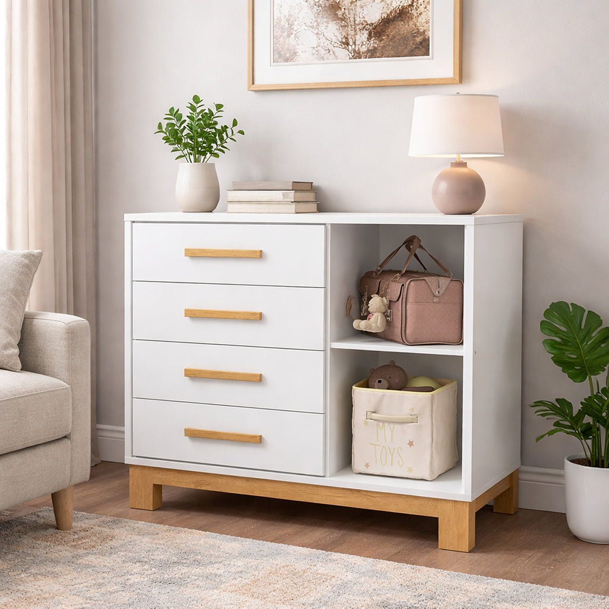 Cómoda Slim Blanco y Almendra 94x84cm de Cuatro Hileras con Cuatro Cajones