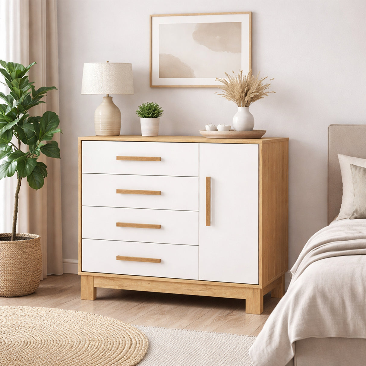 Cómoda Slim Almendra y Blanco 94x84cm de Cuatro Hileras con Cuatro Cajones