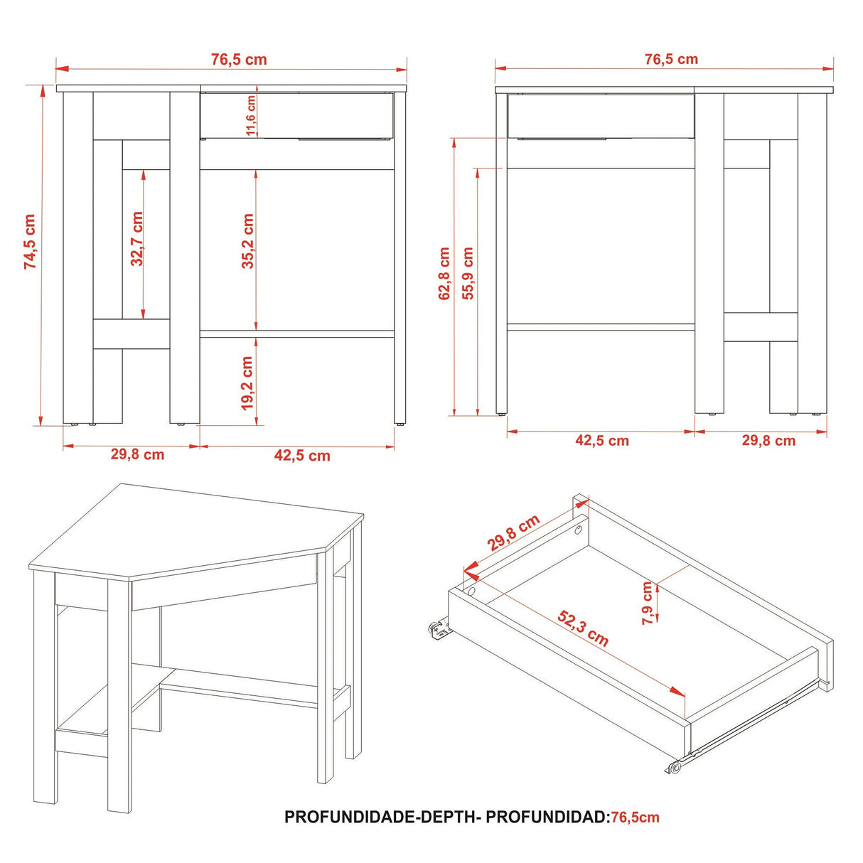 Escritorio Esquinero Dallas Almendra 76.5x74.5cm con Un Cajón y con Organizador de Libros