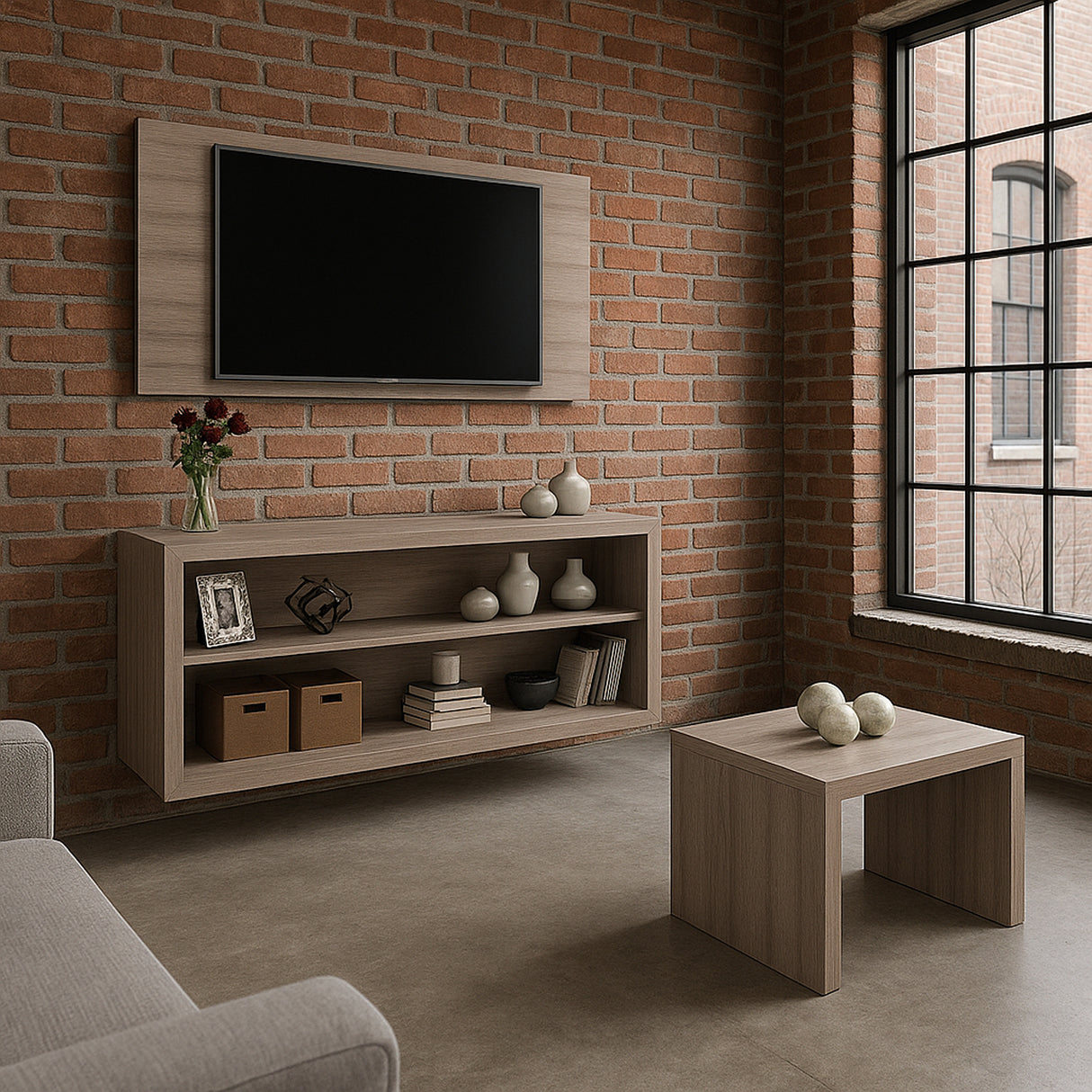 Combo Panel de TV Living Gris 136x60cm para TV Hasta 42" Pulgadas con Tres Compartimientos