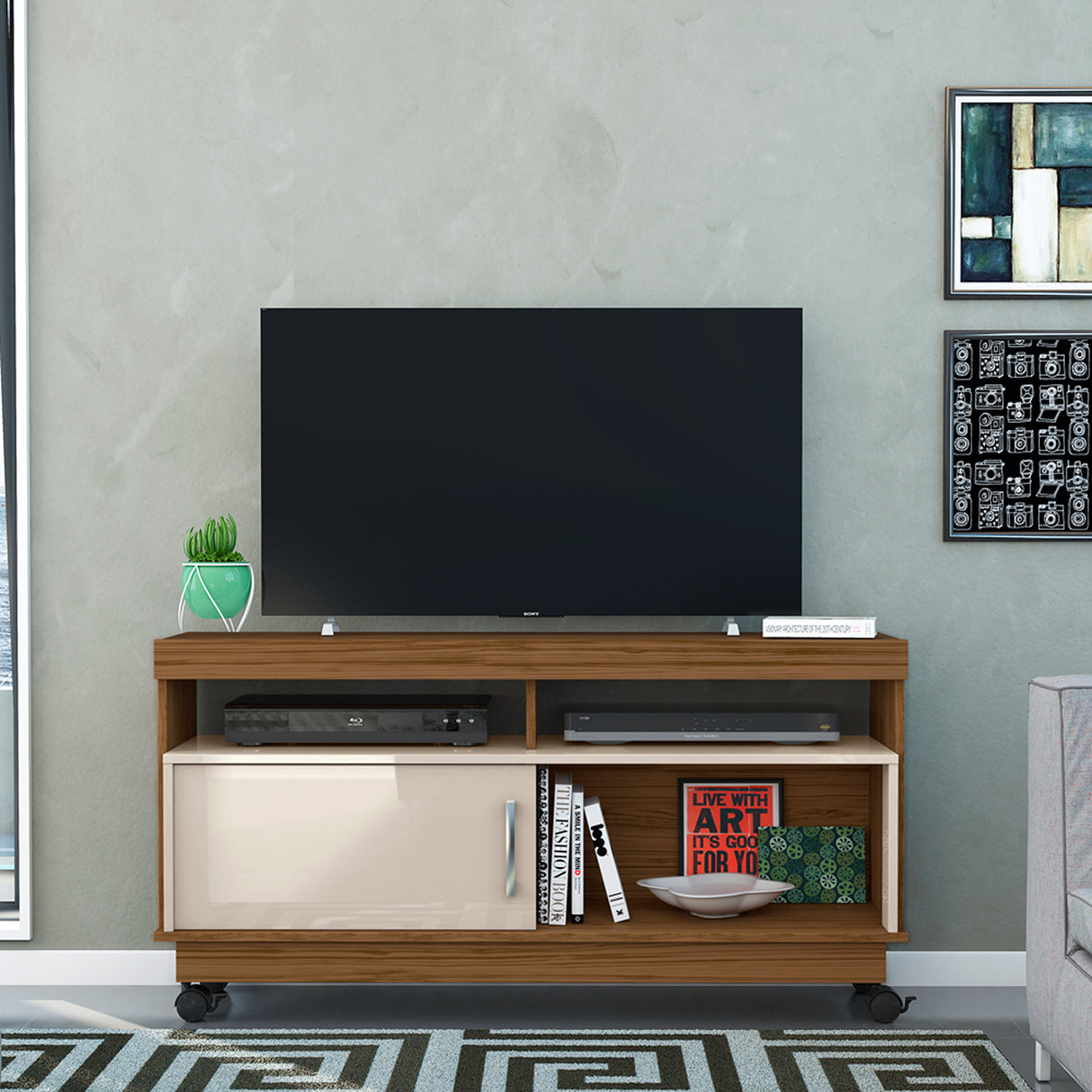 Mesa para TV Art Marrón y Blanco 121x61cm para TV Hasta 50" Pulgadas con Dos Compartimientos y con Dos Cajones