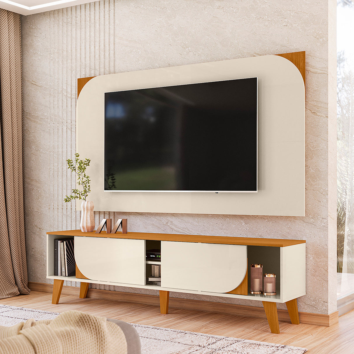 Combo Mueble y Panel de TV Juna Canela y Blanco 182x98.5cm para TV Hasta 65" Pulgadas con Dos Compartimientos y con Dos Cajones